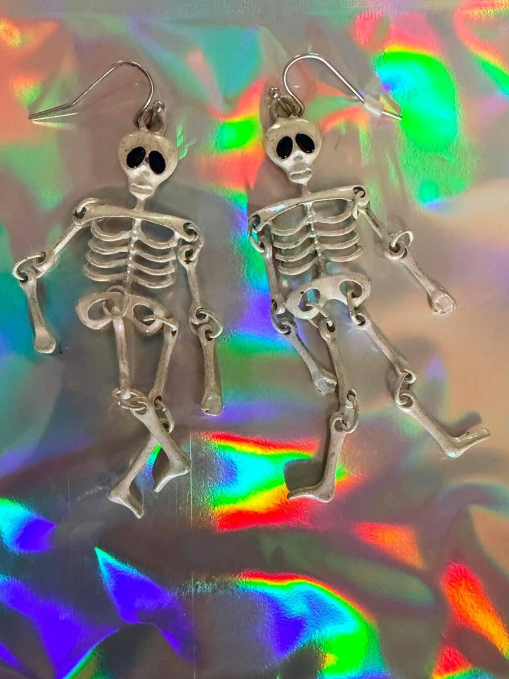 Articulated Skeleton Dangle Earrings Halloween Gothic Spooky Silver Tone